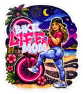 @BikeLifeMom die-cut sticker with pink bike on a tropical beach