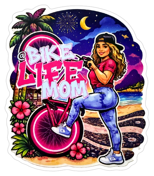 @BikeLifeMom die-cut sticker with pink bike on a tropical beach